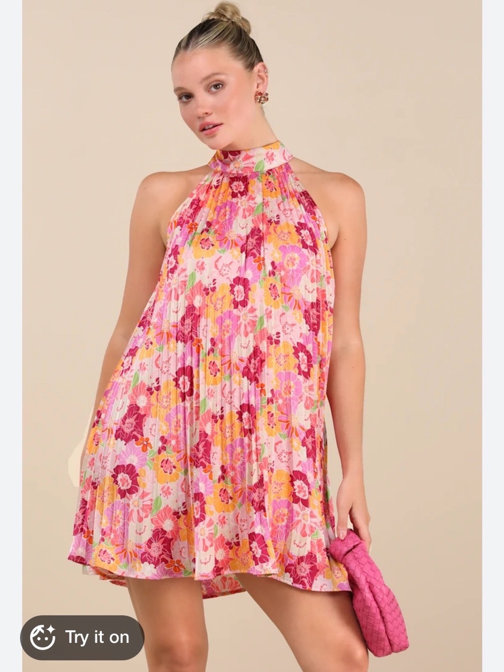 Lulu's Pink Floral Halter Pleated Mini Dress